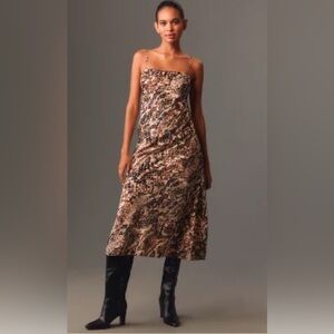 NWT‎ Women’s ANTHROPOLOGIE SQUARE-NECK SLIP Brown Black Beige DRESS. Size Large.